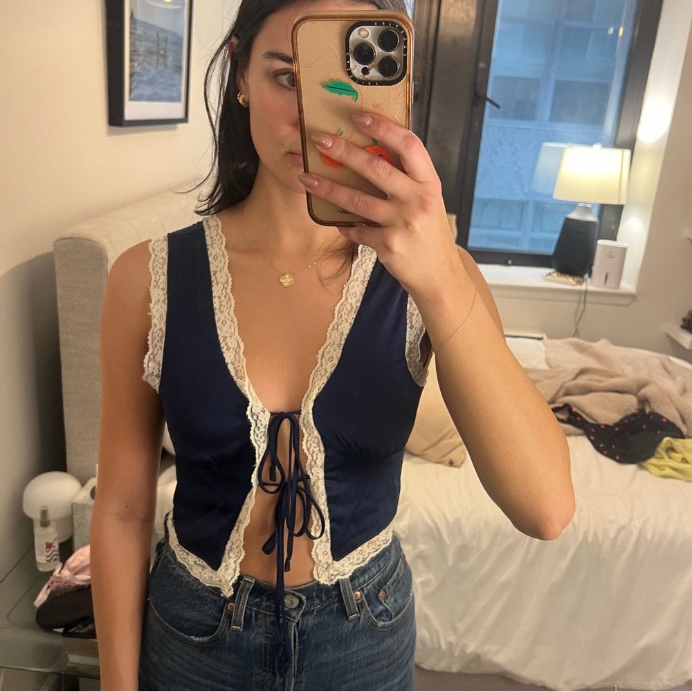 Isalis NYC Navy Satin & lace Tie front top